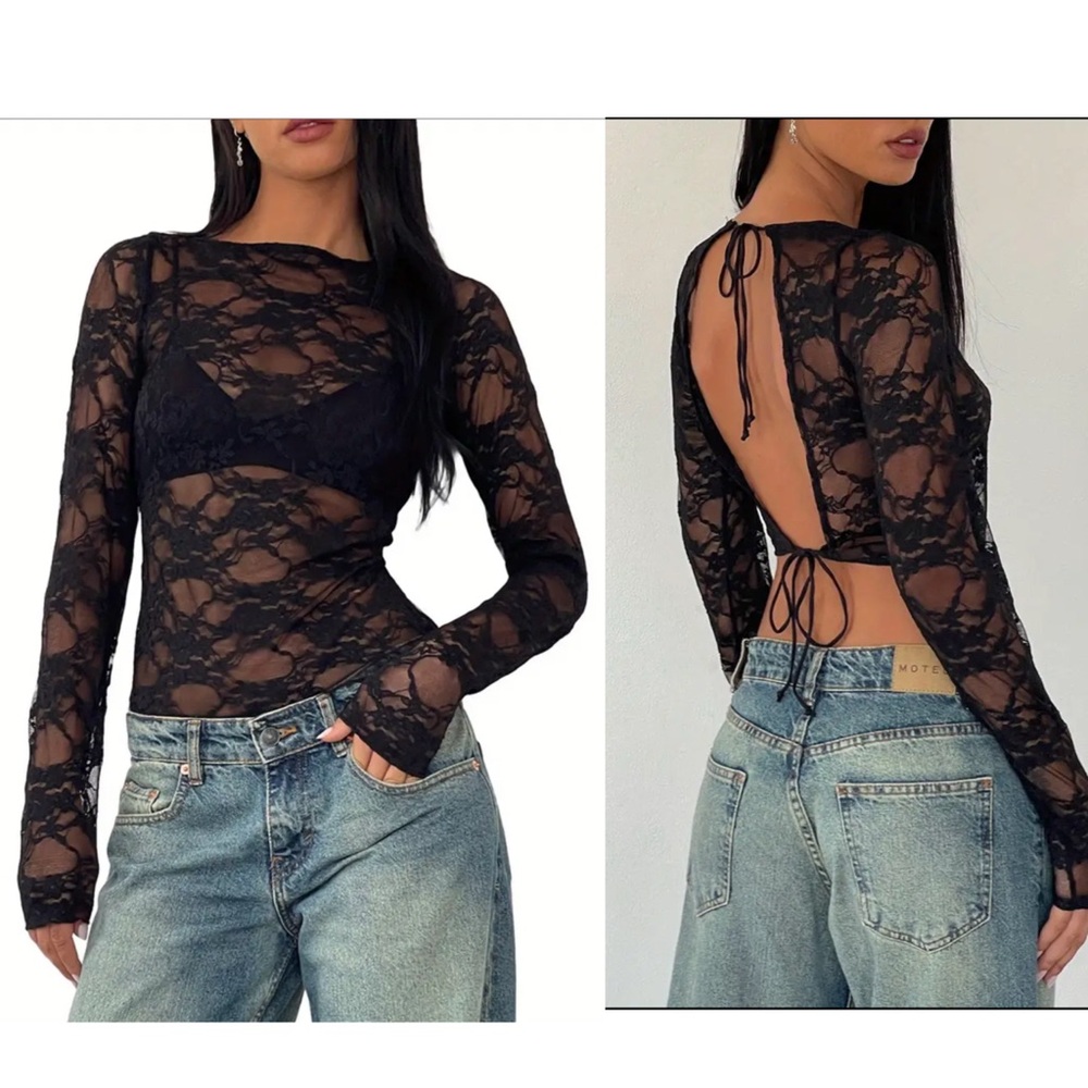NEW! Long Sleeve Sheer Lace Tie-Up Backless Lace Shirt
